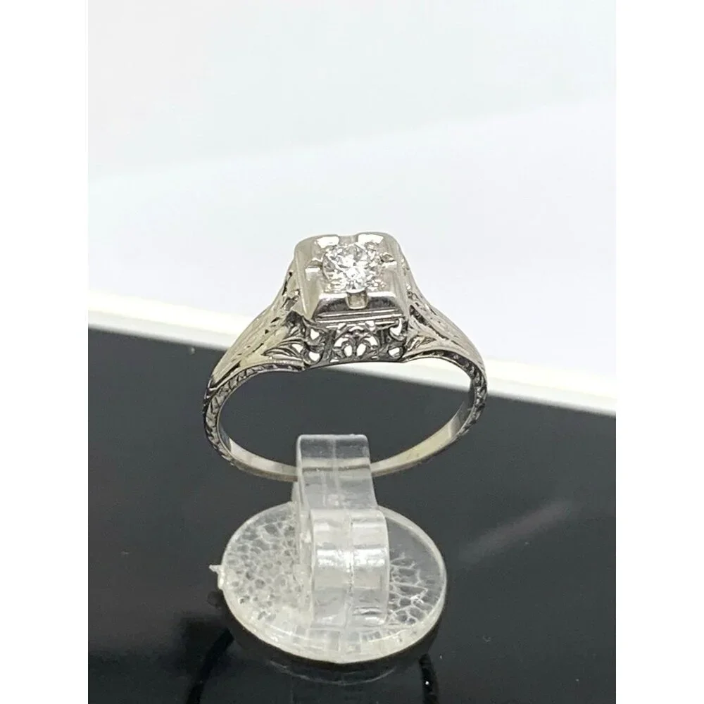 18k White Gold Filigree Diamond Ring 0.25 Carat Antique Estate Jewelry Size 7